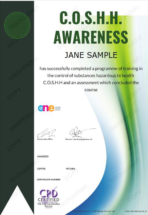 The Final Certificate Of The COSHH eLearning Course