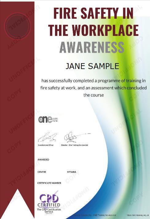 Fire Safety in the Workplace Awareness Course certificate