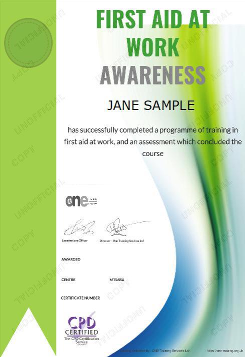 certificate for the First Aid At Work Awareness course 