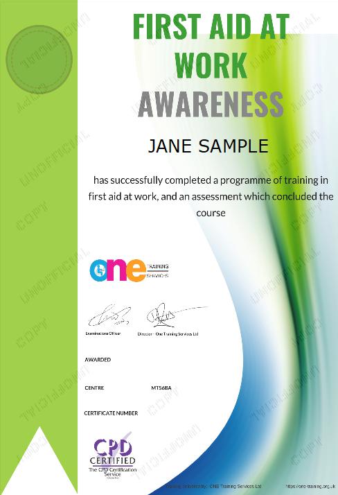 First Aid At Work Awareness Course Certificate