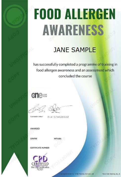 Allergen Awareness course certificate
