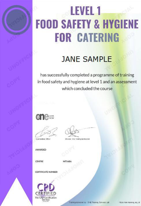 Level 1 Food Safety and Hygiene for Catering course certificate