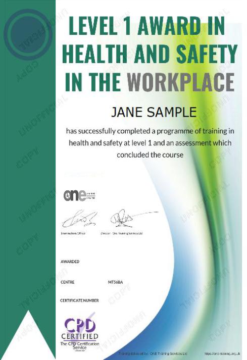 Level 1 Award in Health and Safety in the Workplace course certificate