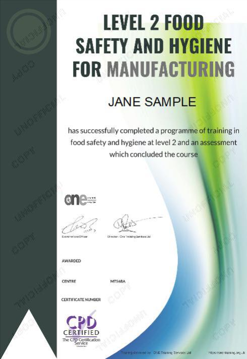 Level 2 Food Safety and Hygiene for Manufacturing course certificate