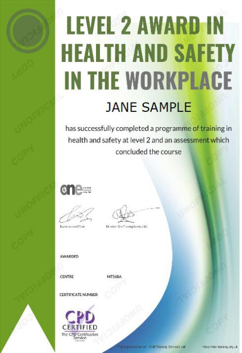 Level 2 Award in Health and Safety in the workplace course certificate