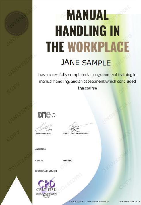 Manual Handling in the Workplace Course certificate