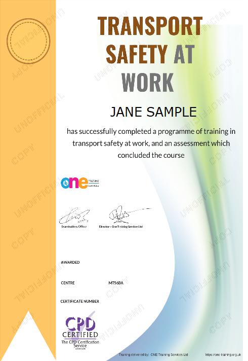 The Final Certificate Of The Transport Safety at Work Course