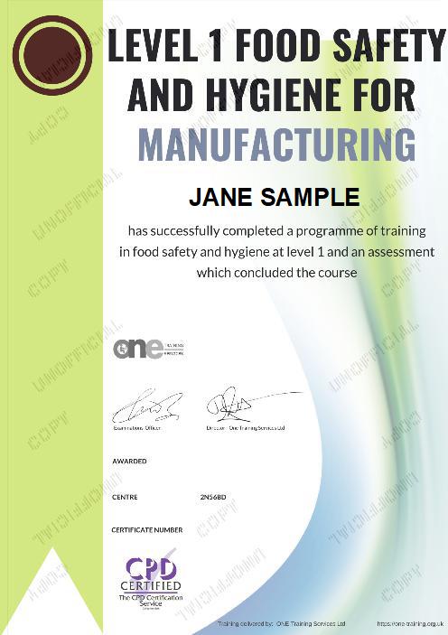 Level 1 Food Safety and Hygiene for Manufacturing course certificate