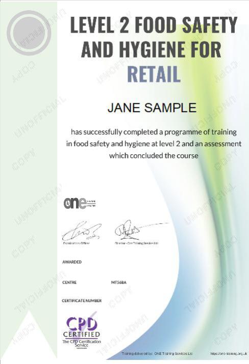 Level 2 Food Safety and Hygiene for retail course certificate