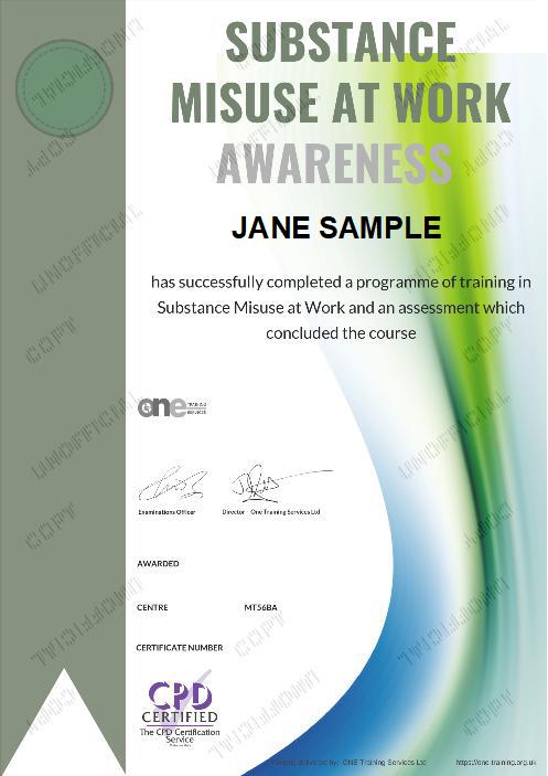 Substance Misuse At Work Awareness course certificate